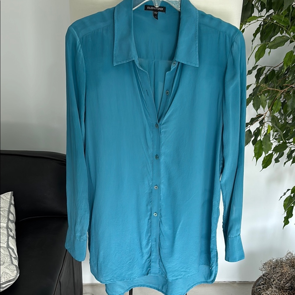 Eileen Fisher Blue Long Sleeve Notched Collar Shirt